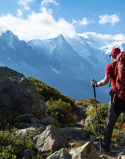 A man hiking on the famous Tour du Mont Blanc